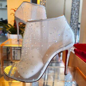 Christian Louboutin Ondessa Open Toe Stiletto Bootie Silver Nude Mesh Diamonds